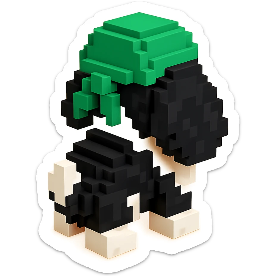 A black and white Russian Cocker Spaniel puppy wearing a green durag, facing backward sticker