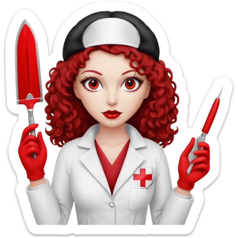 


Scary woman scalpel in hand, evil surgeon sexy surgeon clothes.  She has red eyes. Her  brown long curly hair. Wears sexy doctor outfit with red gloves. make her wear red ski mask  to hide. Wears white surgeon coat, wears  stilettos sticker