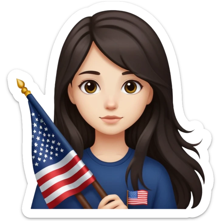 Girl with dar and long hair holding the America flag sticker