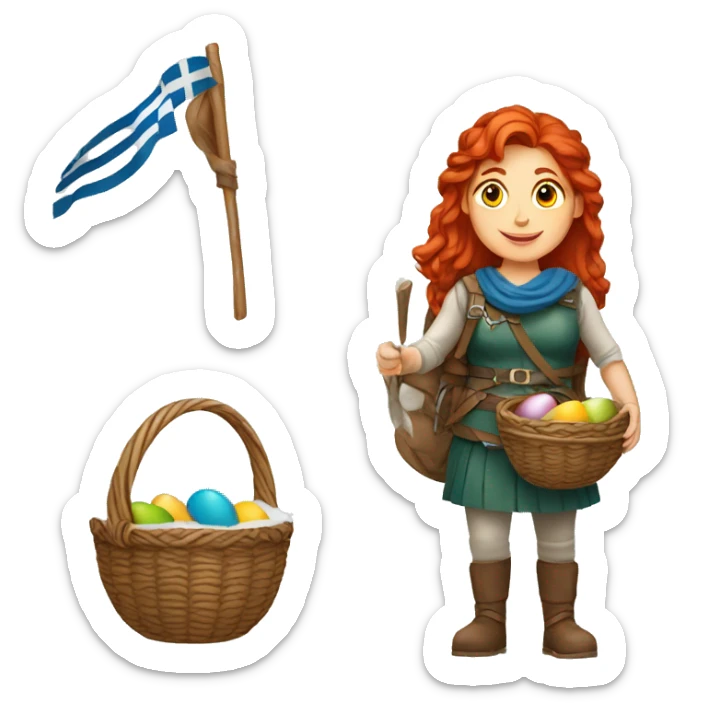 red hair female winter mountaineer offering Easter basket and Greek flag sticker