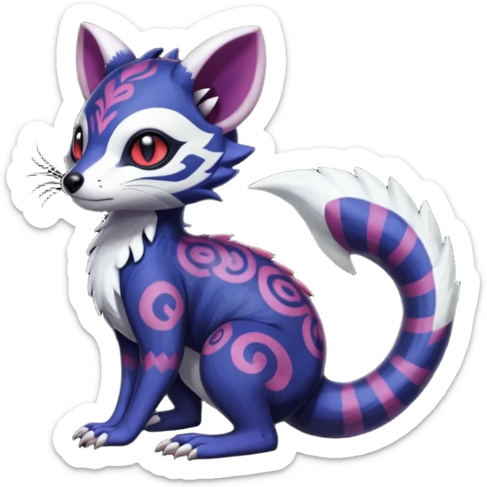 Rare warm-colored exotic gloomy tropical edgy cute epic aesthetic spooky indigo purple white black red gothic colorful Salandit-Furret-Espurr-Meowstic-Civet-species-Fakemon-hybrid-creature, with tribal tattoo markings, full body sticker
