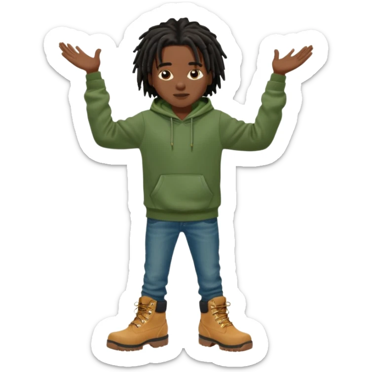 African American boy with short black dreadlocks wearing a green Nike hoodie wearing denim skinny jeans and timberland boots with his hands out sticker