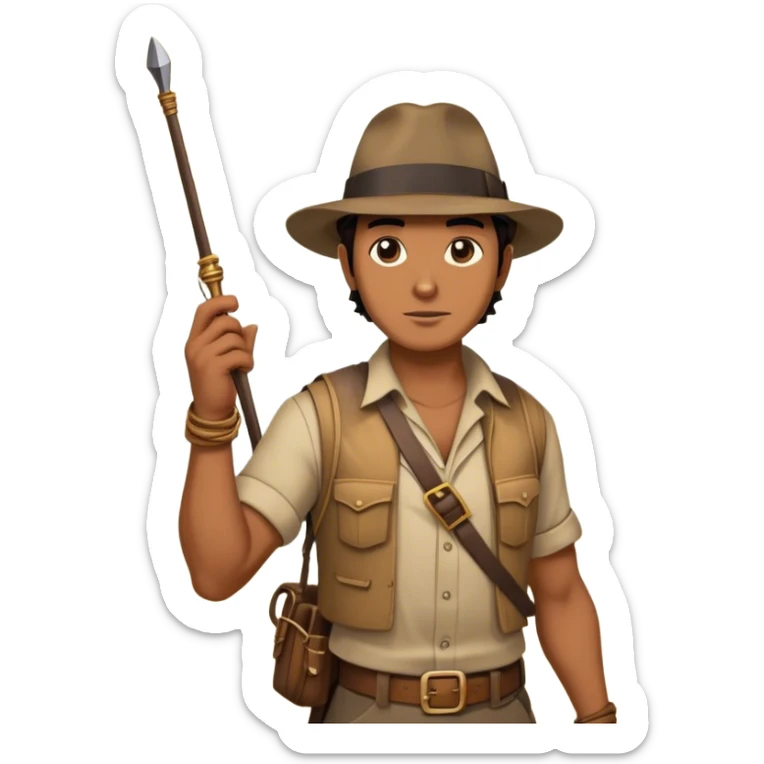 Icon for Adventure Movies: A vintage movie poster-style design with a rugged adventurer wearing a fedora and holding a whip, surrounded by ancient ruins, treasure, and booby traps. Include a map, a golden idol, and dramatic lighting. Retro cinematic style. Transparent background. sticker