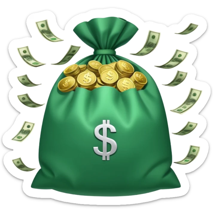 

3D emoji style, big bag of money, flying dollar bills, rich casino vibe, smooth lighting, high detail, clean edges, transparent background



 sticker