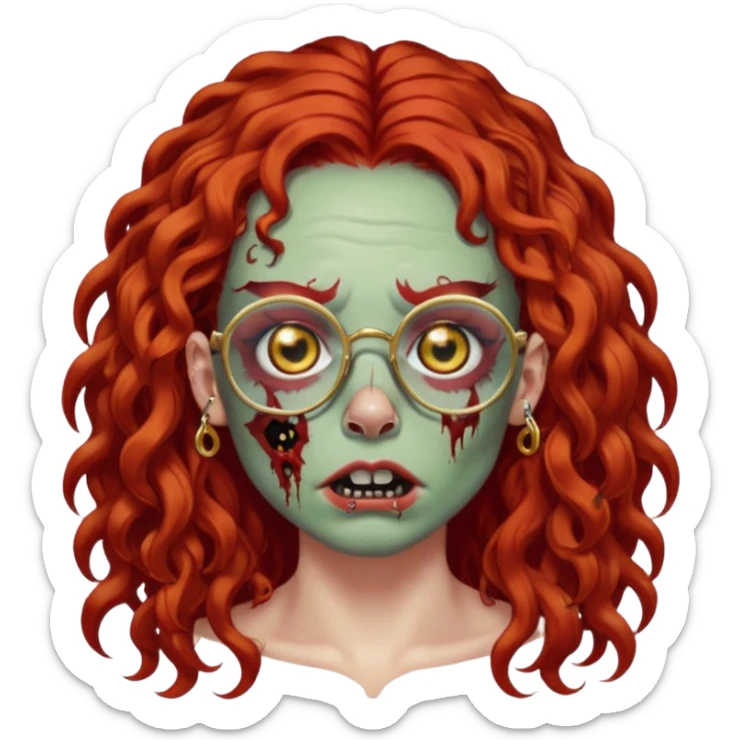 zombie with long red curly hair, thick lashes, black glasses, gold nose piercings on each nostril, and a gold eyebrow piercing. sticker