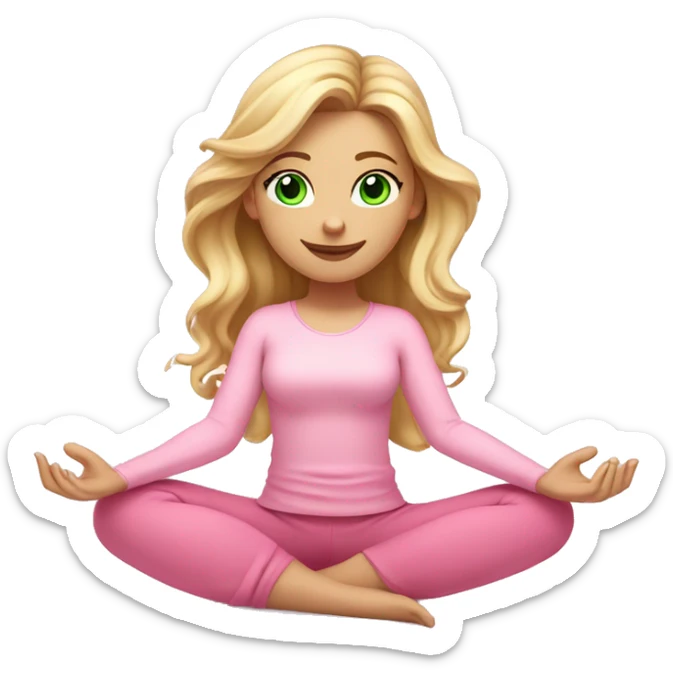 blonde long curled hair and green eyes yoga beautiful girl in light pink pink pink clothes sitting on a yoga mat sticker