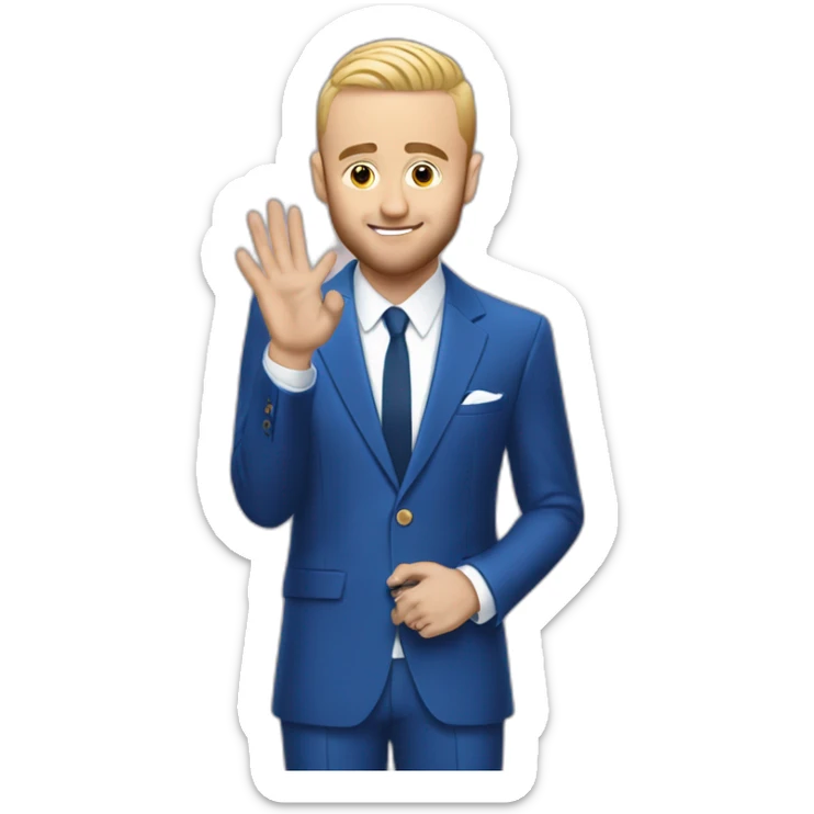 mac miller waving his hand with a blonde comb over skin fade wearing a blue suit sticker