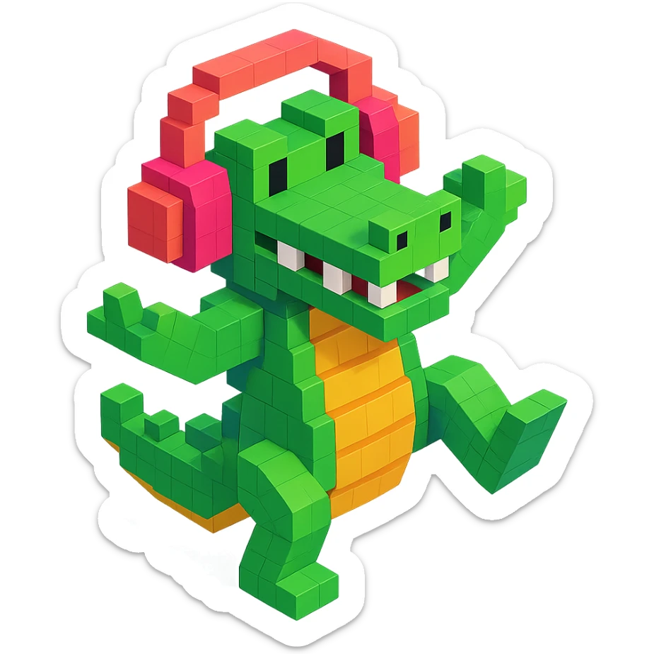 crocodile with headphones dancing, isometric view, voxel style sticker