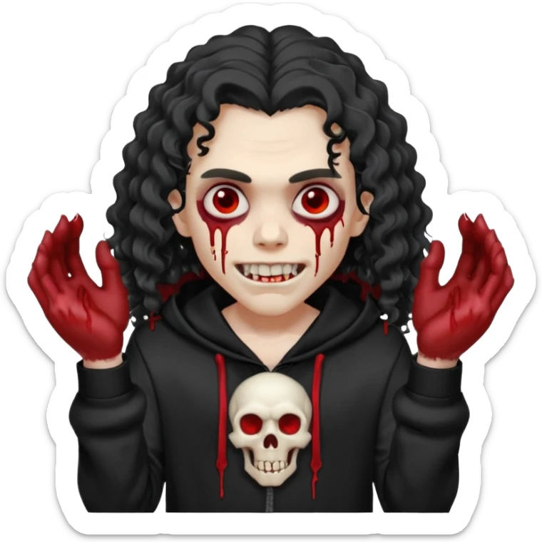 Vampire wearing a black hoodie with a skull logo on it, long curly hair that covers the forehead, fanged teeth and blood on hands sticker
