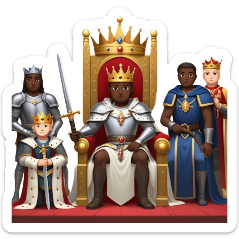 Un rey sentado en su trono con un enemigo arrodillado frente a él, recibiendo un título y una espada en señal de confianza. El enemigo, antes derrotado, ahora jura lealtad. En el fondo, los amigos del rey lo observan con desconfianza, incómodos con la situación. sticker