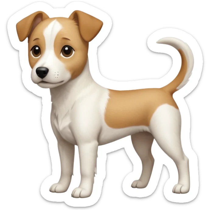 a full body facing front on of a buff white beagle cross jack russell terrier looking dog the size of a kelpie with light brown long ears resting on its face and a light brown patch above one eye and a large snout. the rest of the dog is completely white.  sticker
