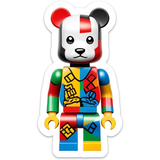 Lego style hustler bearbrick toy figure with X symbols for eyes, blocky Lego aesthetic, graffiti prints sticker