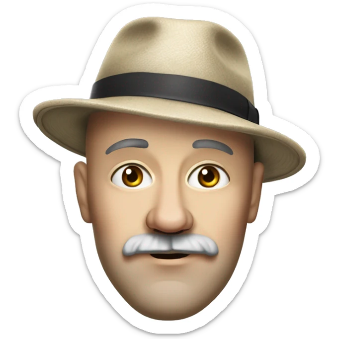 Photorealism A plump bald, middle-aged man of Slavic appearance with a goatee beard and mustache, wearing a fedora hat, big detailed face, wrinkled face sticker
