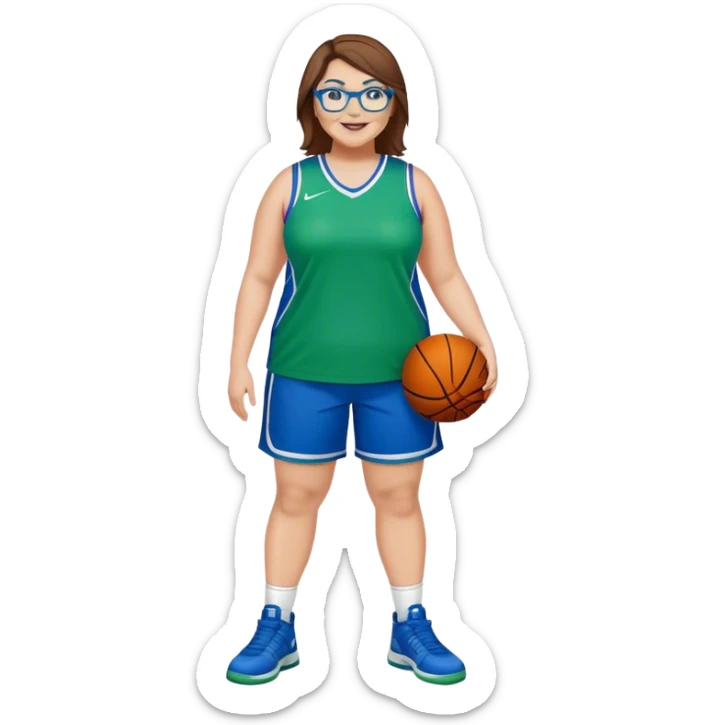 Full Body plus size white female with short brown hair with highlights spike hair wearing blue glasses basketball player wearing blue green uniform smiling sticker