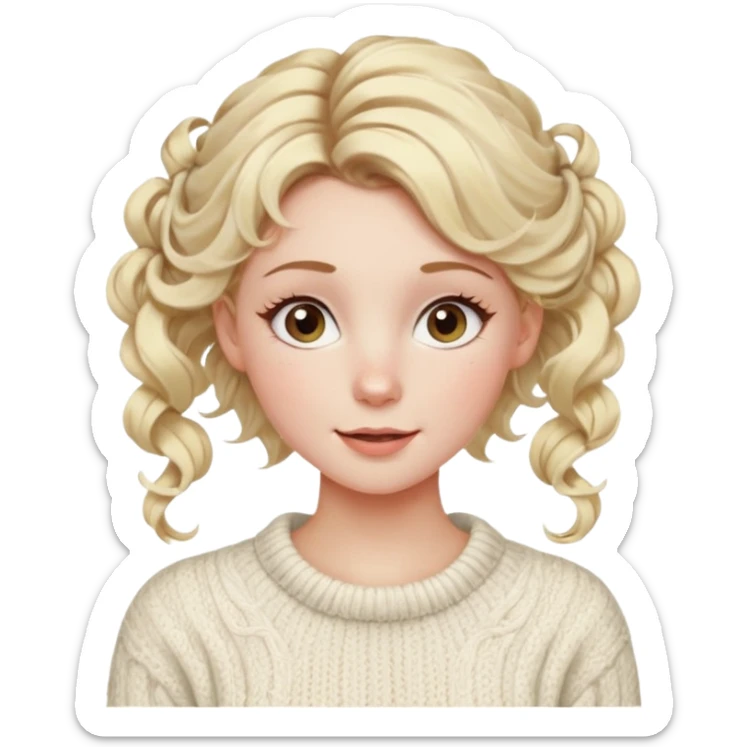blonde hazel eyes woman with a white cable knit sweater and one curly messy bun with tendrils of hair flowing down her face and she is happy pale, some freckles, blush. she has a cateye wing and long lashes sticker