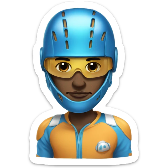 illustration of a cartoon athlete he wears a blue helmet covering his eyes and the design of the helmet resembles a robotic or futuristic headgear,  sticker