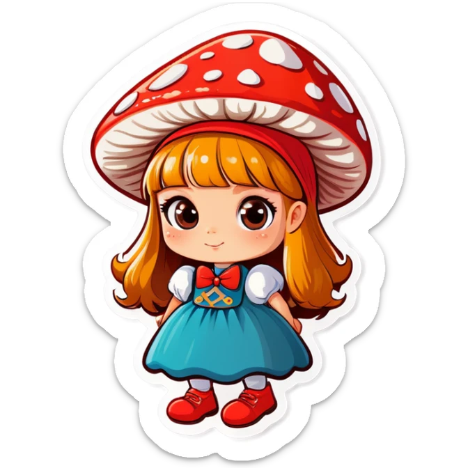 Cute girl of Slavic appearance with a hat on her head in the form of a fly agaric sticker