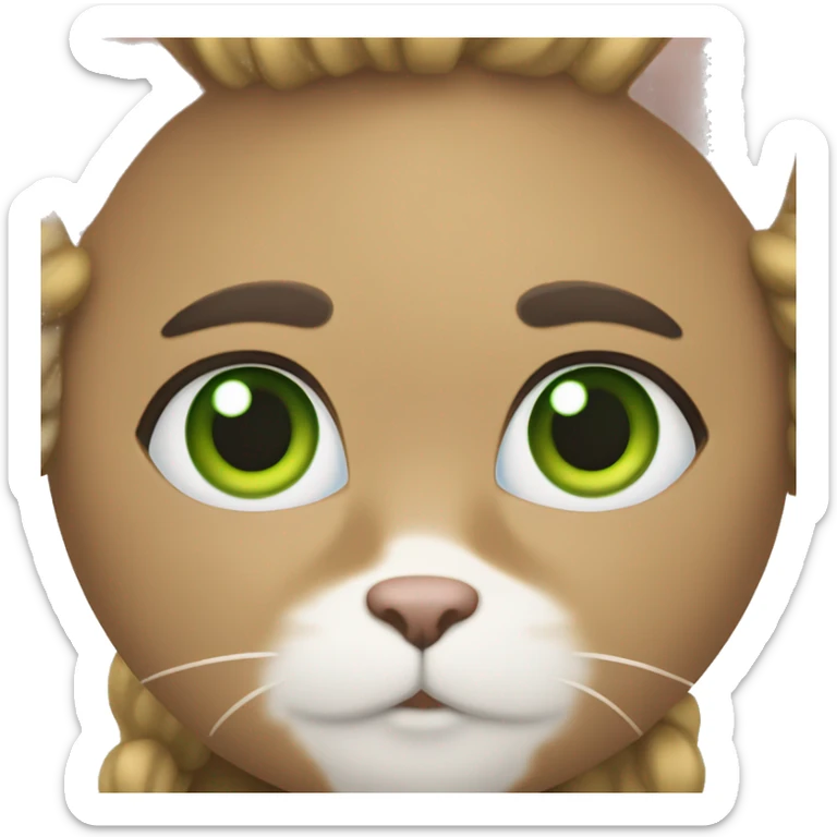 White main coin cat with green eyes. A girl with dark blond hair, brown eyes, a birthmark on her left cheek and thick dark brown eyebrows holding the cat sticker