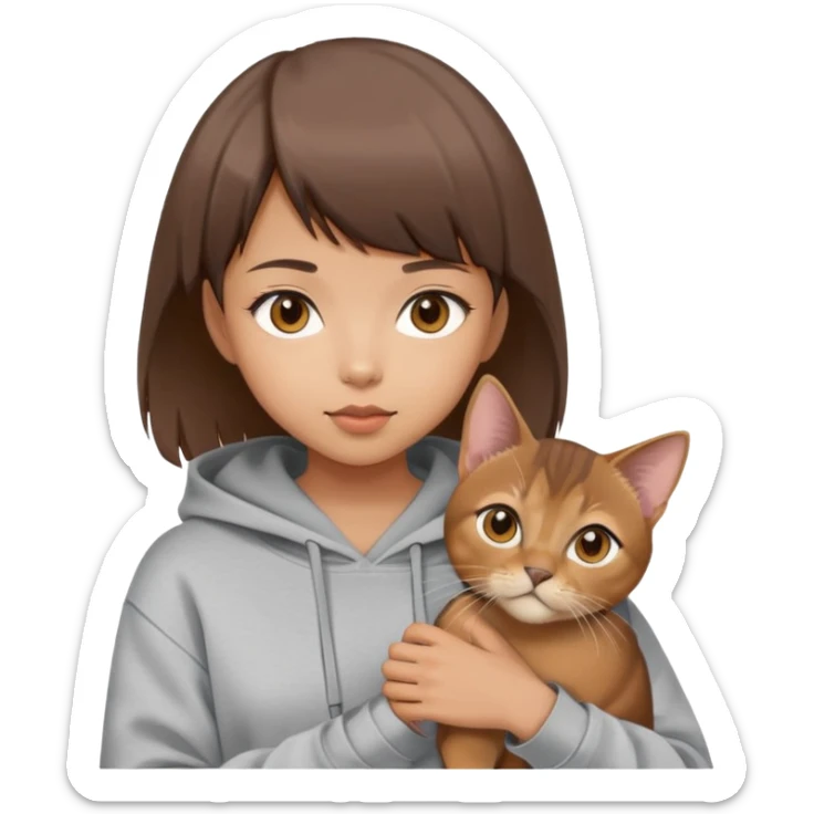a asian girl with short brown hair and bangs holding an Abyssinian cat， wearing grey hoodie sticker