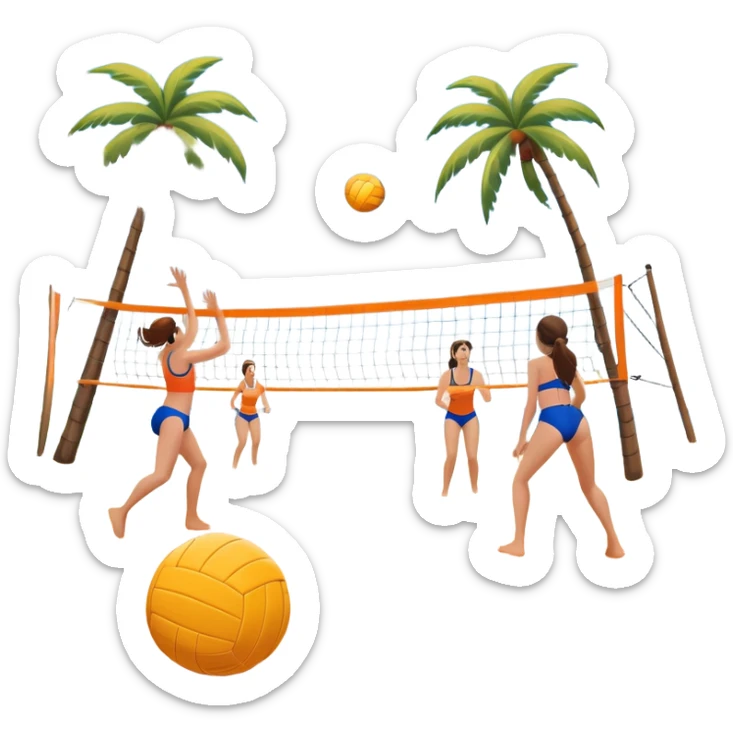 A volleyball resting on the orange sand of a beach, with a volleyball net in the background. The scene includes a beautiful beach landscape with blue sea, sky, and palm trees, while a couple of women in swimsuits play in the distance, capturing the relaxed yet competitive vibe of beach volleyball. sticker