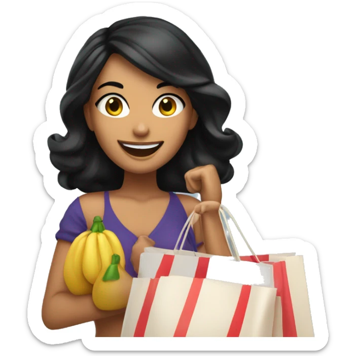 Tanned beautiful italian woman with lin black hair smiling and holding bags shopping  sticker