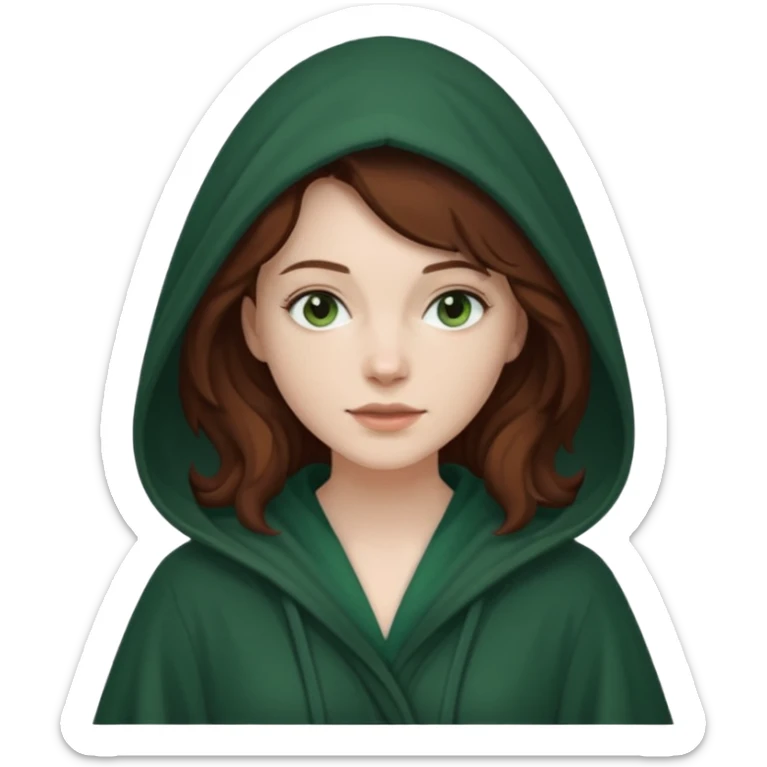 A white woman with dark auburn hair robed and hooded like she's a Traitor in the tv show The Traitors. her hair is slightly curly and the robe is a dark green sticker
