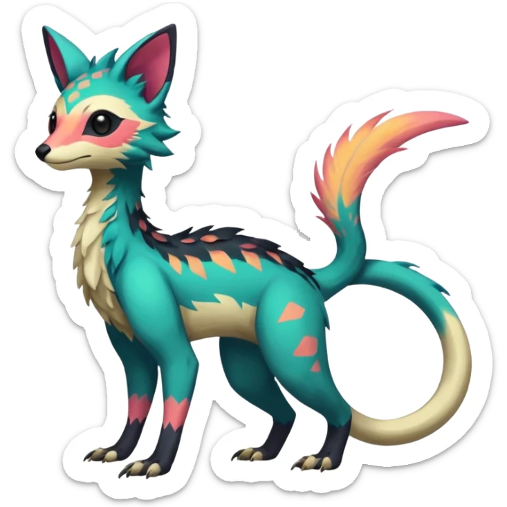 Rare realistic exotic edgy epic pretty beautiful handsome gorgeous aesthetic colorful vibrant Vernid-Trico-species-Fakemon-creature by LiLaiRa, 4 legs, 1 tail, random markings, (full body) sticker