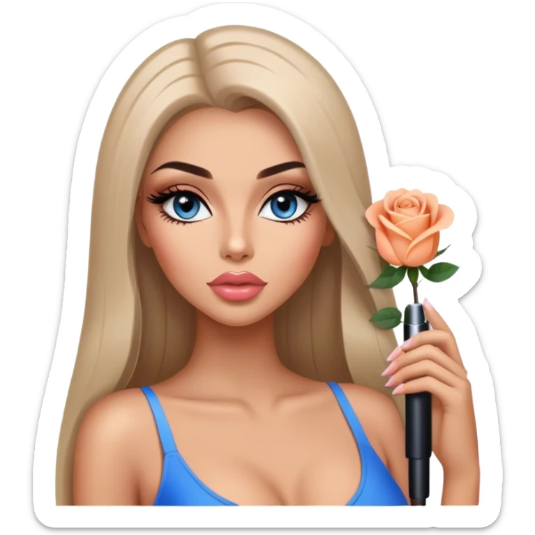 Glamours, tanned, very beautiful girl, with big pump peach-beige-rose lips, long long lashes, black straight smooth silky long hair, straight parting hair, blue-grey eyes sticker