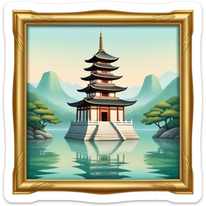 Cinematic Realistic Tran Quoc Pagoda Landmark Emoji, depicted with an ancient pagoda set on tranquil waters rendered with delicate textures and serene, reflective lighting. sticker