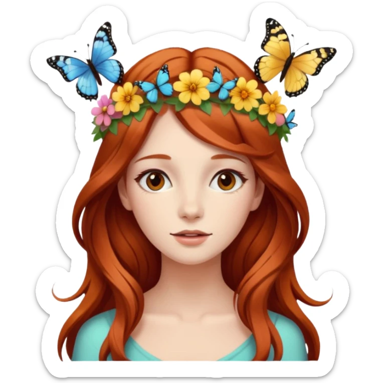 Woman with long flowing auburn hair wearing a flower crown with butterflies in it sticker