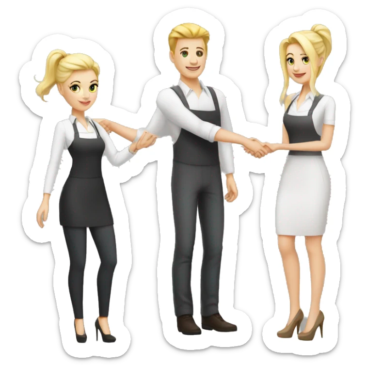 adult restaurant owner with white skin and blogger with white skin and blonde hair shaking hands in full height sticker