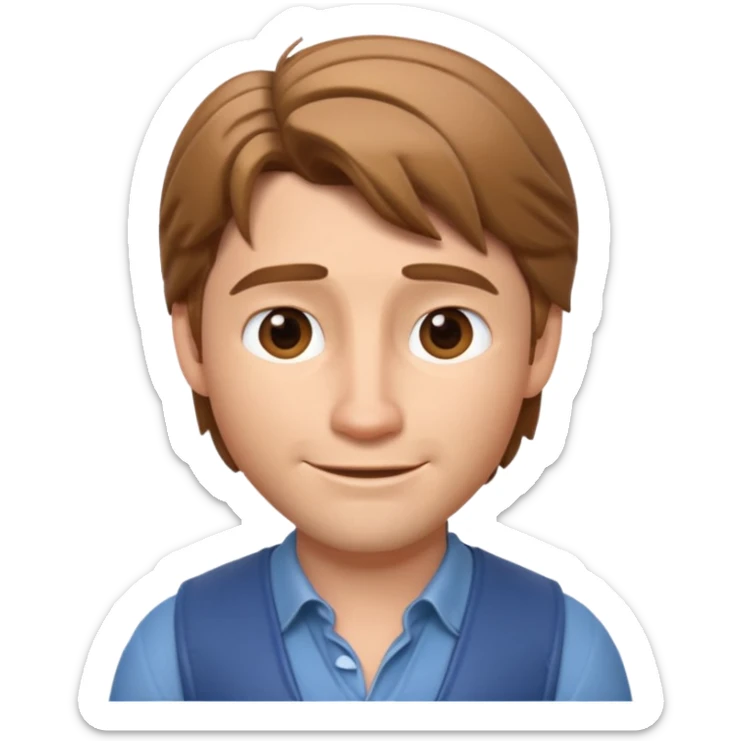 3D Apple-style emoji of Flynn Rider: fair skin, light brown hair, raised eyebrow, charming smile, playful confident look. sticker