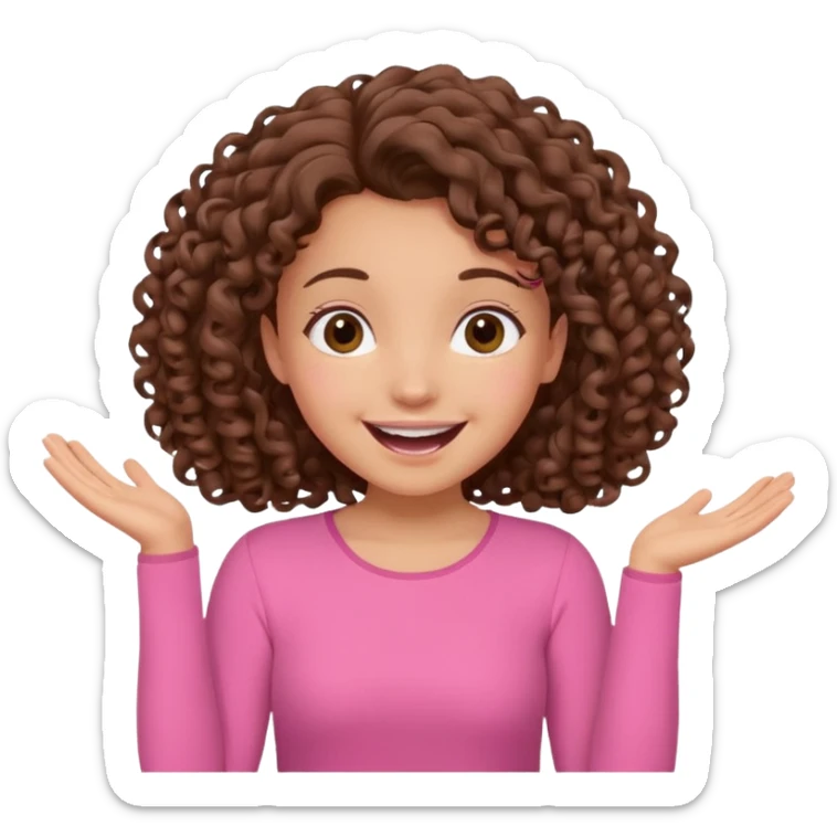 fun cute loud popular pretty girl modest curly brown hair pink top excited sticker