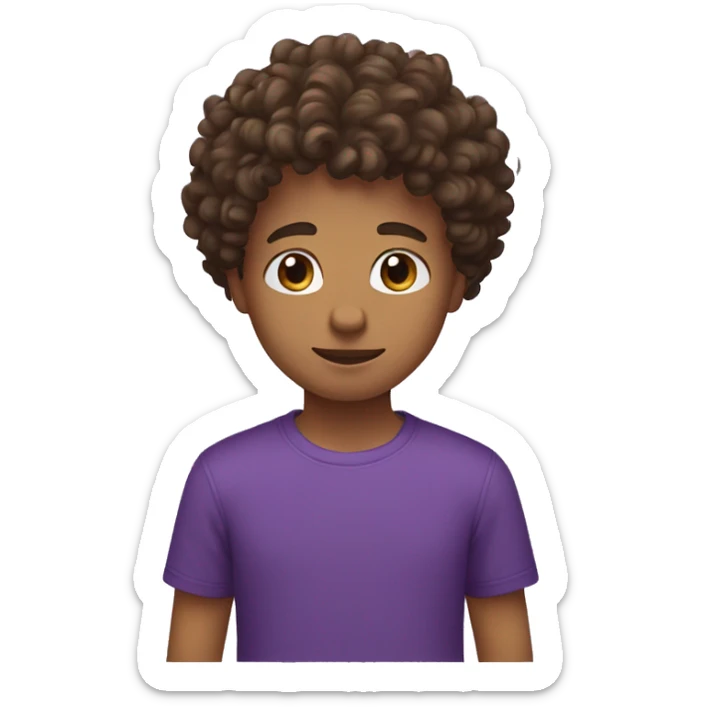boy with mid fade and curly Brown hair, brown yes, purple t-shirt sticker
