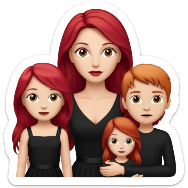 White woman in black dress with long red hair and makeup with two kids in beige  sticker