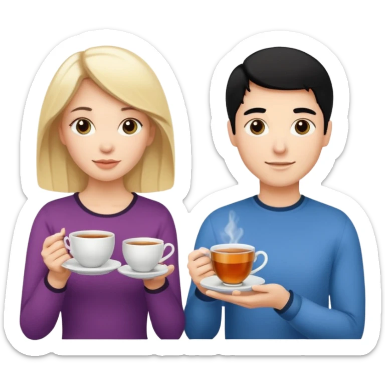 One blond white woman, one black hair white woman and one blond white man with tea cups each sticker