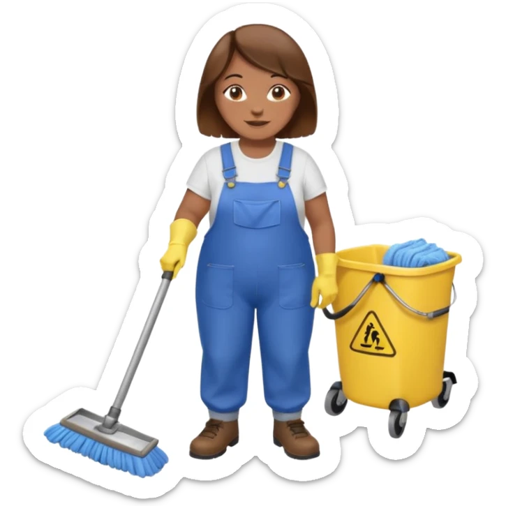 old and fat women, brown hair, Custodian with yellow rubber gloves, white T-shirt, blue overalls, mopping floor sticker