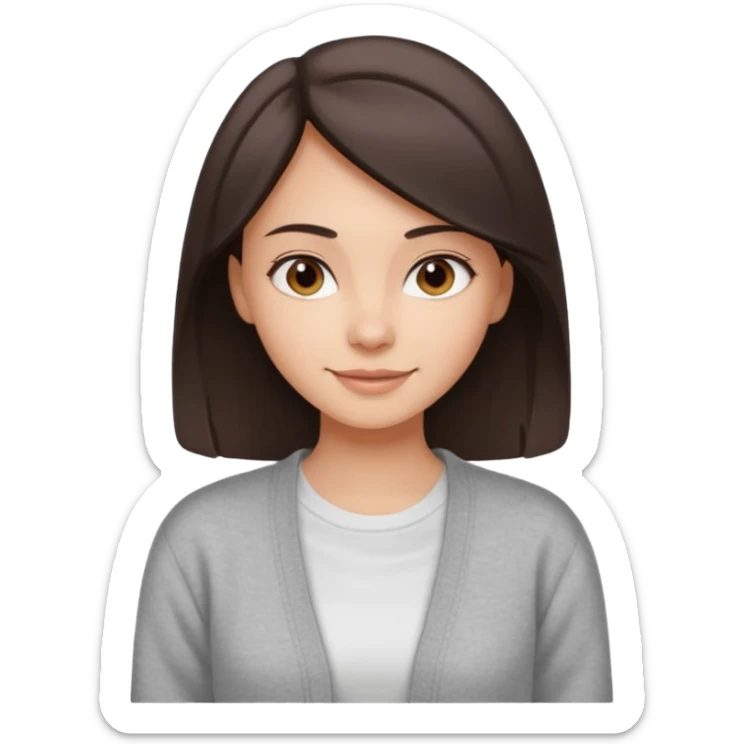 The girl has straight medium-length dqrk brown hair, light skin, wearing a white t-shirt and gray cardigan. Gentle smile, friendly neutral expression sticker