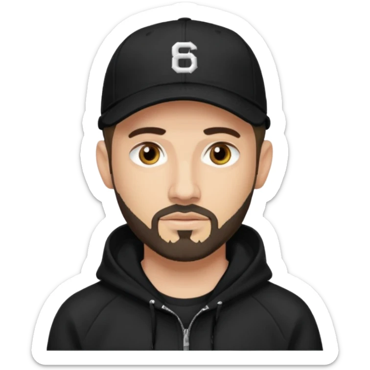 Hombre de ojos claros, con barba fina y perilla, gorra negra de baseball bordada con un 08, y sudadera negra sticker