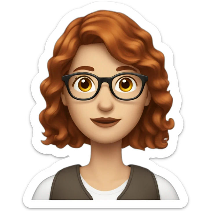 Woman; caucasian; round transparent glasses; dark redhead; long hair; wave hair sticker