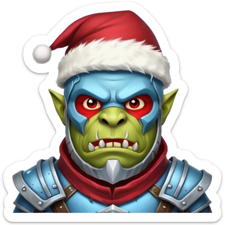 
Fantasy Christmas orc legion soldier icon, iron tundra army theme, heavy winter armor, disciplined brutal look, icy blue steel armor with deep crimson accents, frozen metal texture, cold winter atmosphere, male variant sticker