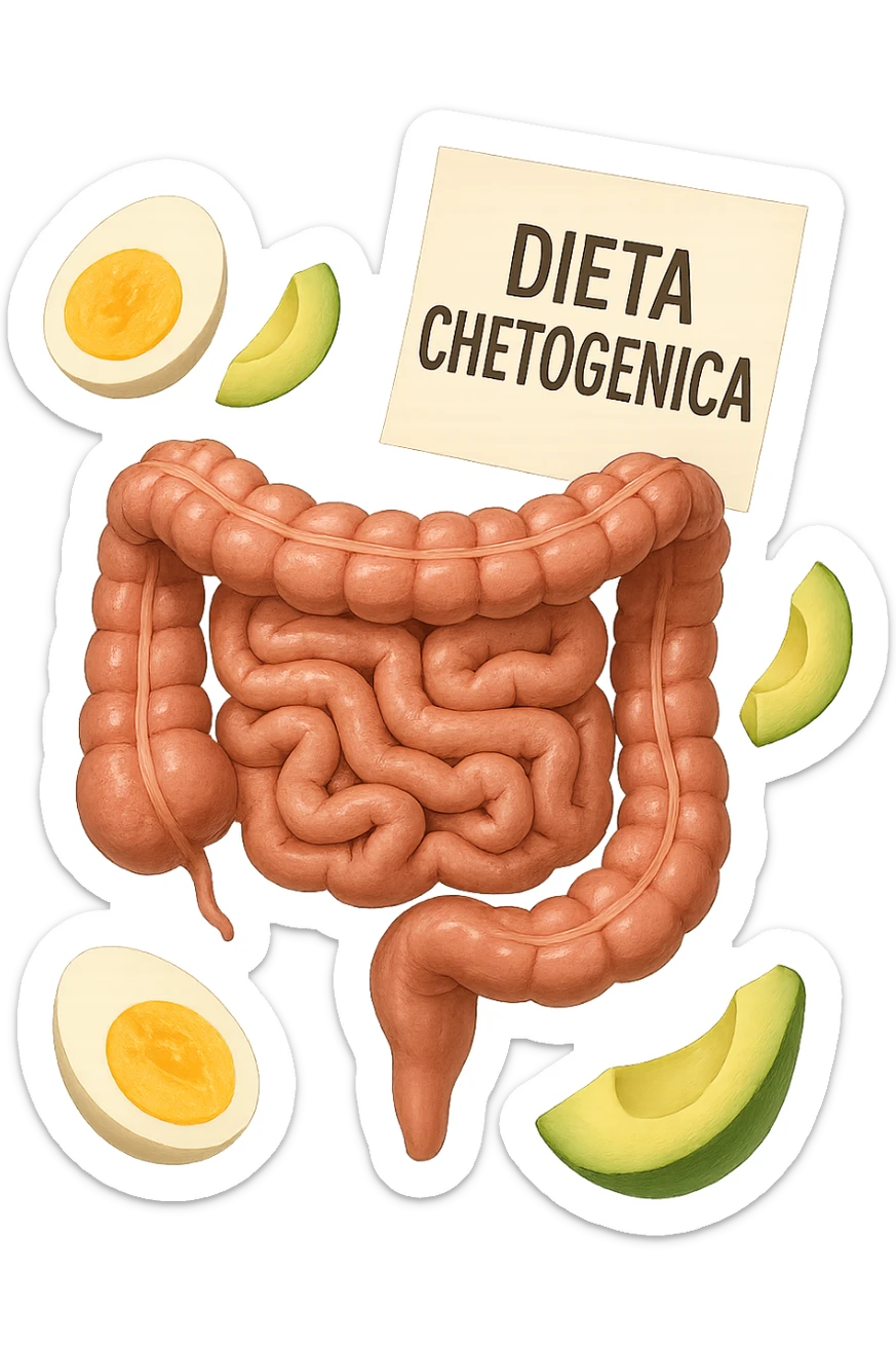 intestino umano anatomico con uova sode e avocado che gli fluttuano intorno insieme ad un foglio con la scritta "DIETA CHETOGENICA" CHE FLUTTUA IN ARIA sticker