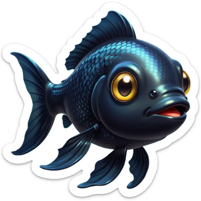 Cinematic Cute Black Goldfish Portrait Emoji, Head tilted playfully and inquisitively, featuring a glossy, deep black body with shimmering scales and round, sparkling golden eyes filled with curiosity, Simplified yet irresistibly adorable features, highly detailed, glowing with a warm, friendly glow, high shine, affectionate and lively, stylized with a touch of whimsy, bright and endearing, soft glowing outline, capturing the essence of a mischievous yet loving goldfish, so playful it feels like it could swim out of the screen and into your heart! sticker