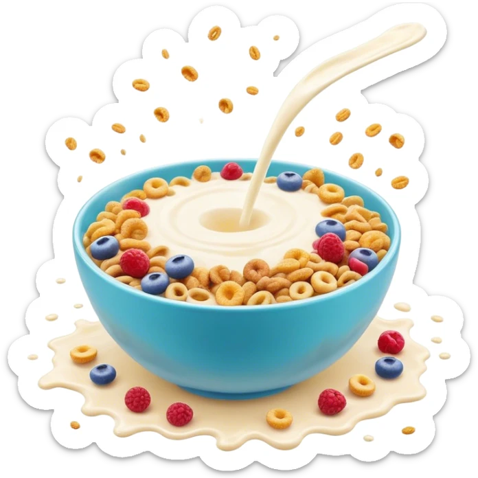 Cinematic crunchy cereal, vibrant and colorful, splashing into a bowl of cold milk, soft glowing background, dynamic movement, playful and inviting, nostalgic and fun. sticker
