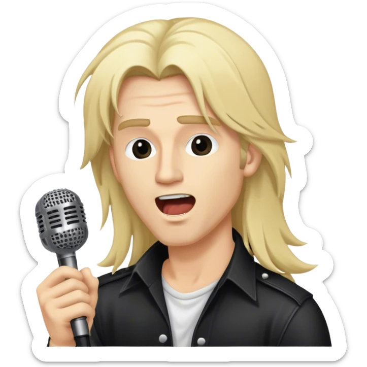 close up side view head of a male blond hard  rock singer with long hair singing into microphone sticker