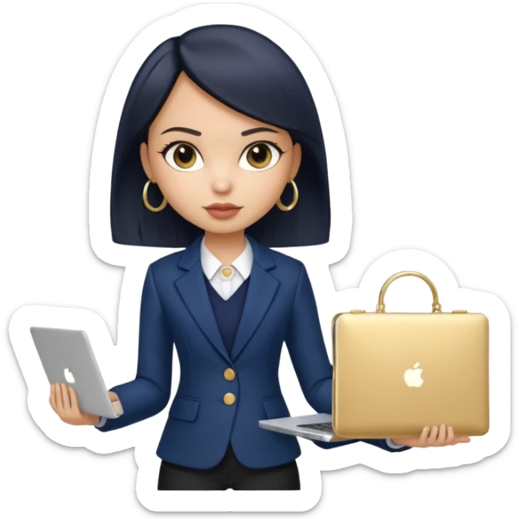 a pretty bratz girl with straight black short hair wearing a dark blue blazer and carrying a laptop. gold small hoops sticker