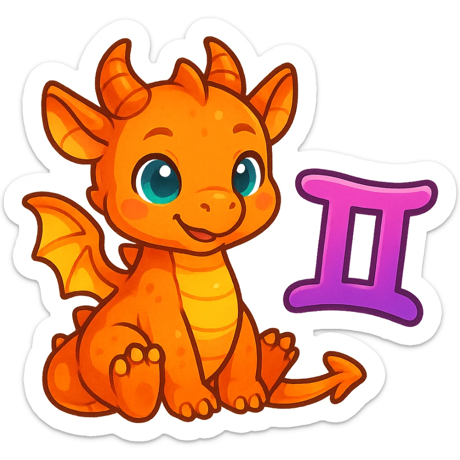 a small dragon and Gemini glyph together, vibrant emoji style, colorful, cute sticker