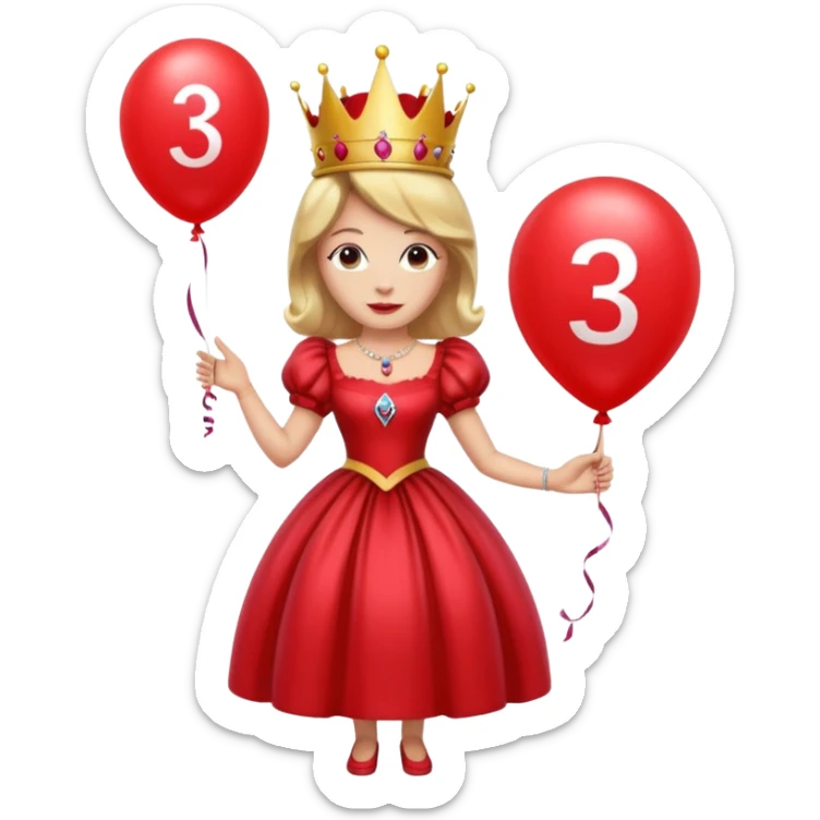 queen wearing dress, holding balloon in shape of number 3 sticker