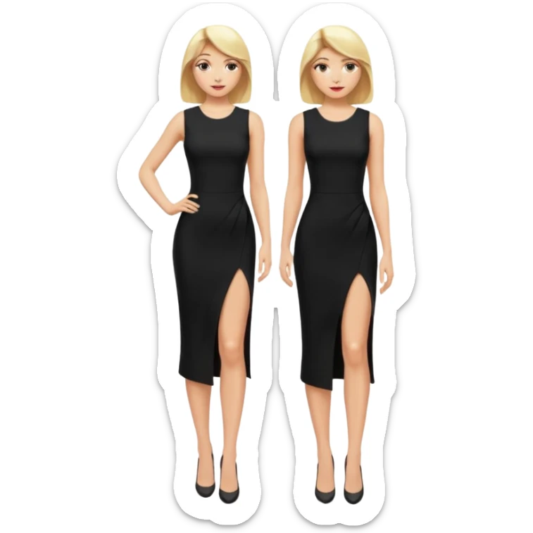 Blonde women, Long black tight sleveless dress, Slot left legs sticker