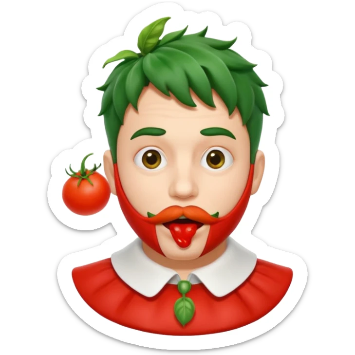 funny theater actor character who ate tomatoes, tomato sauce around mouth, dramatic expression, stage costume collar, 3D cartoon, mobile game icon style, clean background, no text, no watermark
 sticker
